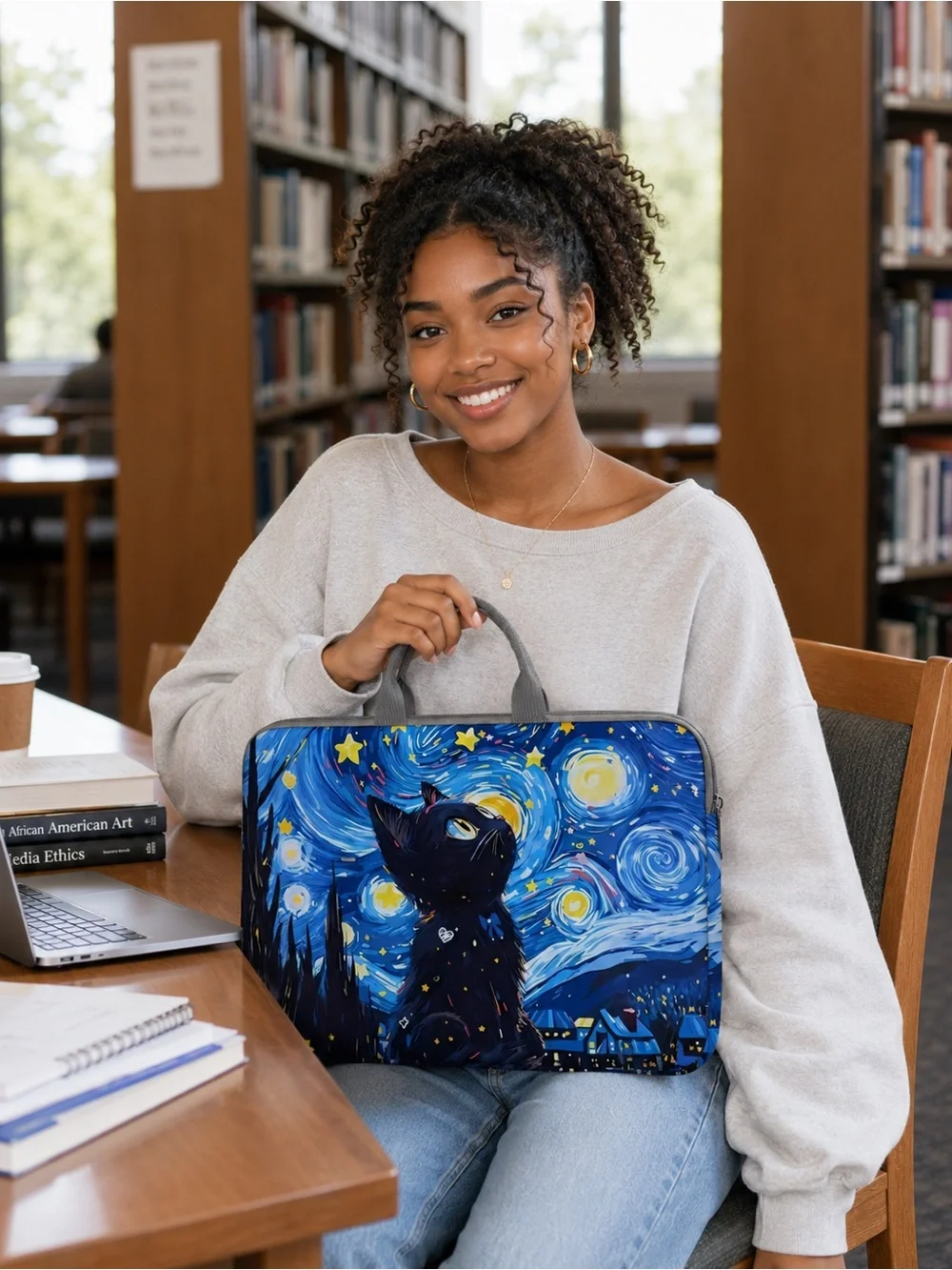 NWT Starry Night Black Cat 14” Laptop Sleeve Carrying Case Bag
